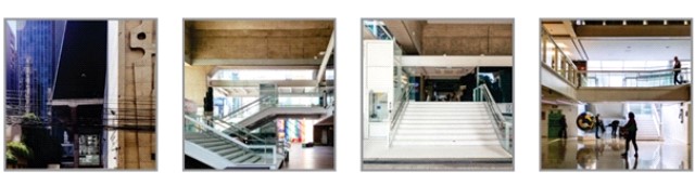 Figura 7: Fotos do térreo do edifício da FIESP, destacando elementos de circulação, fonte: Autoras, 2019.