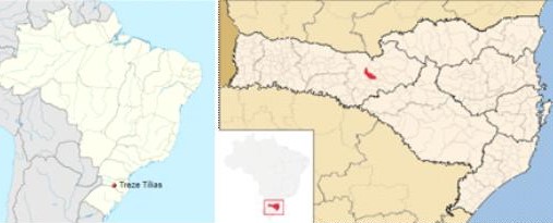 Figura 1 - Localização de Treze Tílias, Santa Catarina, Brasil. Fonte: Wikipédia  (2019), adaptado pelas autoras (2019).