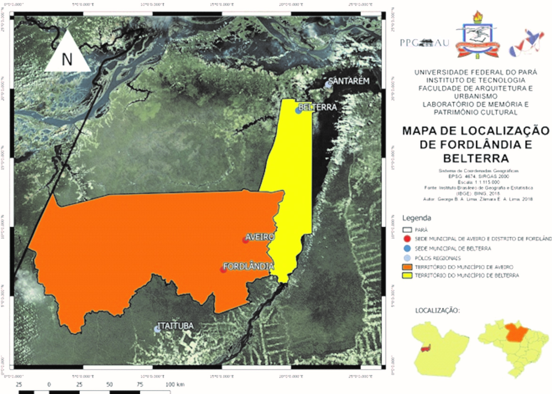 Figura 1. Mapa de localização de Fordlândia e Belterra no estado do Pará. Fonte: George B. A. Lima; Zâmara Lima.