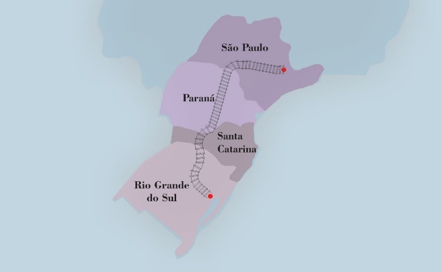 Figura 1 – Percurso da estrada ferroviária São Paulo – Rio Grande (EFSPRG), elaborado pelas autoras.