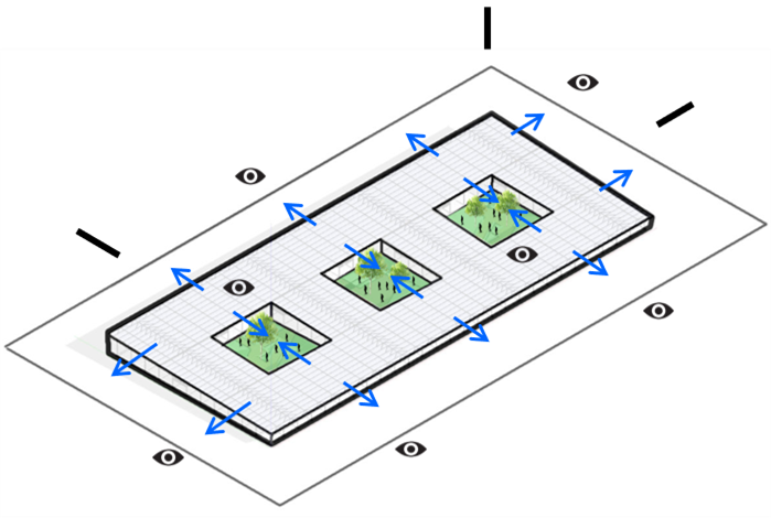 Figura 5: Praças internas e eixos visuais para a paisagem. Nota: Diagrama elaborado pelos autores. Fonte: Os autores