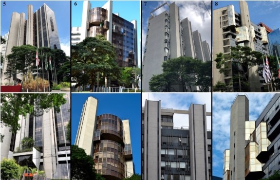 Figura 5 – Fotos dos Edifícios analisados 5) Brasilinterpart (1982-85); 6) João U. Borges (1983-87); 7) Gávea (1985); 8) Haydeé F. de Camargo (1985-89). Fonte: Os autores.