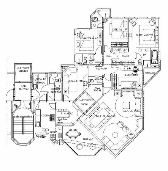 Figura 5 -  Exemplo de apartamento com duplo acesso e quarto de empregada junto a área de serviço.