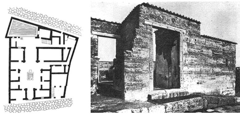 Figura 5 - Casa do Cirurgião, Pompéia. Planta e vista externa. BENÉVOLO, 1982, p. 192 & ENCICLOPEDIA ITALIANA, 1949, p. 831.