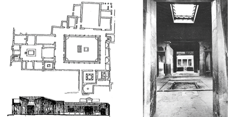 Figura 7 - Casa de Menandro, Pompéia. Planta, corte e átrio. VITRUVIUS, 1999, p. 259 & WOODFORD, 1982, p. 110.