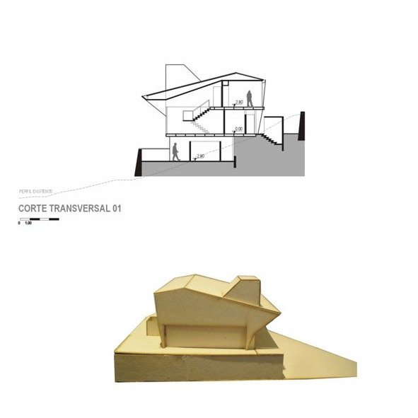 Fig. 6 - Redesenho Corte e foto da maquete projeto residência José Franco de Souza (1958). Fonte: Re-desenho da autora. Foto e construção da maquete da autora, 2012.